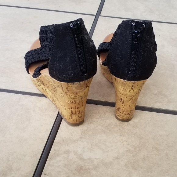 Shoes Black Wedge PLATFORM sandal Ribbon strap 6 casual cork - Picture 6 of 7